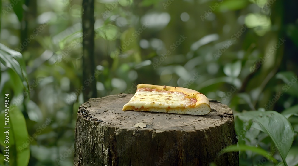 A tempting pizza slice sits atop a rugged weathered tree stump nestled amidst the verdant foliage and dappled sunlight of a dense tranquil forest A tempting pizza slice sits atop a rugged weathered tree stump nestled amidst the verdant foliage and dappled sunlight of a dense tranquil forest