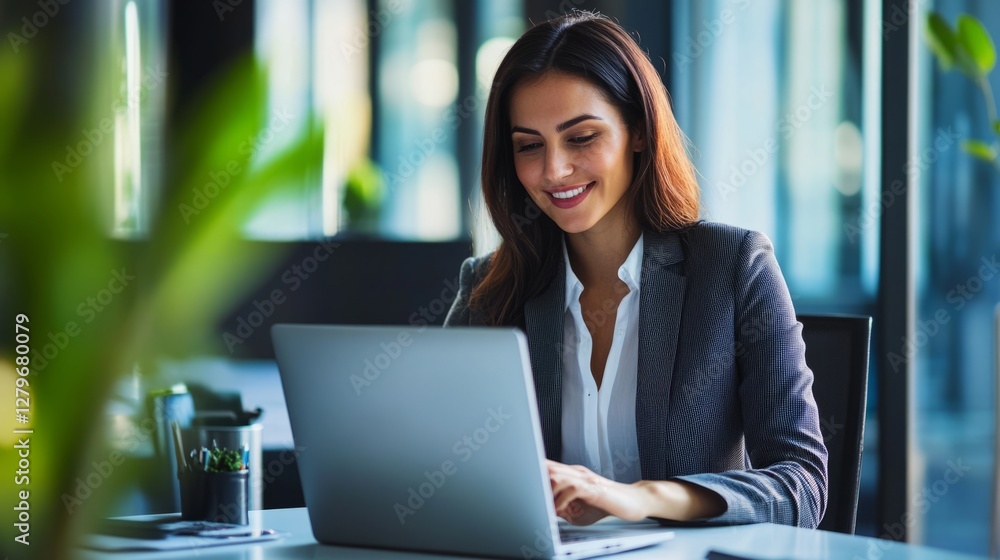 The smiling Hispanic businesswoman sitting at her desk with a confident smile may be handling customer relations, conducting business negotiations, or discussing project progress with her team The smiling Hispanic businesswoman sitting at her desk with a confident smile may be handling customer relations, conducting business negotiations, or discussing project progress with her team