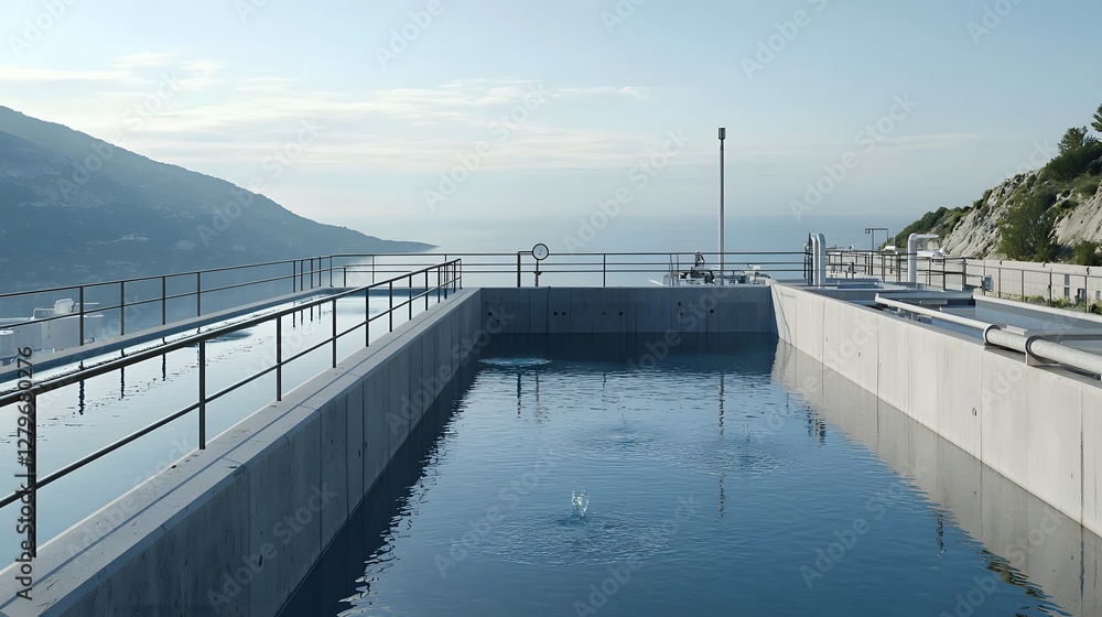 Fototapeta premium Aerial view of a large scale desalination plant facility located along the coastline converting seawater into fresh drinking water through advanced industrial processes and technology
