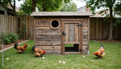 Wooden Chicken Coop in Backyard with Roosters and Fresh Eggs on Lush Green Grass
