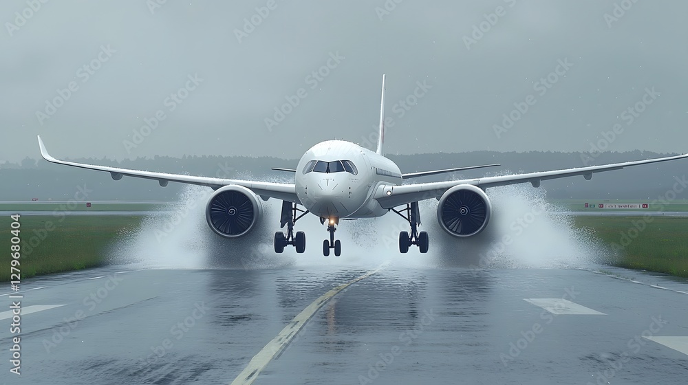 Aircraft Skidding on Wet Runway During Heavy Rainy Landing Water Spraying from Tires Reduced Visibility Creating Cinematic Tension and Details Aircraft Skidding on Wet Runway During Heavy Rainy Landing Water Spraying from Tires Reduced Visibility Creating Cinematic Tension and Details