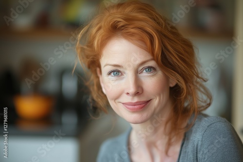 Wallpaper Mural Confidently smiling middle-aged woman with striking red hair and charming freckles radiates warmth and contentment in her cozy kitchen, embodying a joyful and serene lifestyle Torontodigital.ca