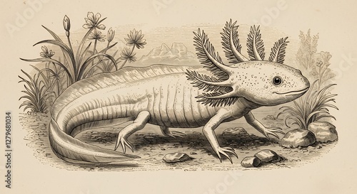 A detailed illustration of an axolotl in a natural setting with plants and rocks.