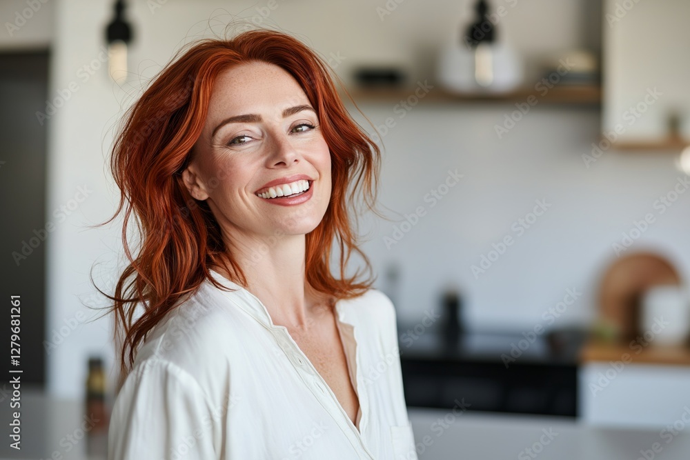 Portrait of a cheerful redhead woman smiling brightly, enjoying the comfort of her modern kitchen. Radiating positivity and confidence, she embodies a relaxed and happy lifestyle Portrait of a cheerful redhead woman smiling brightly, enjoying the comfort of her modern kitchen. Radiating positivity and confidence, she embodies a relaxed and happy lifestyle
