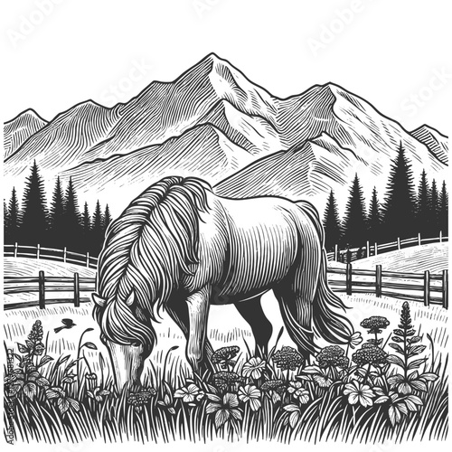 horse peacefully grazing in scenic alpine meadow mountain landscape, wildflowers and pine trees in etching style sketch engraving generative ai vector illustration. Scratch board. Black and white.