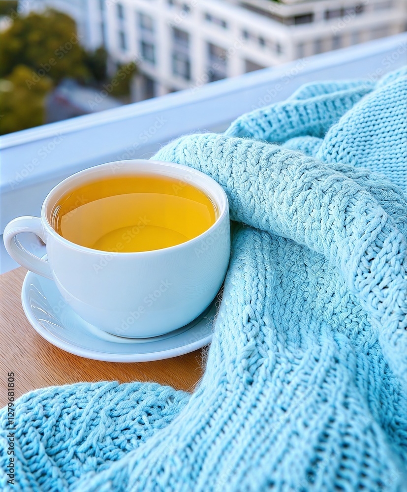 Cozy tea moment with blue knitted blanketf Cozy tea moment with blue knitted blanketf