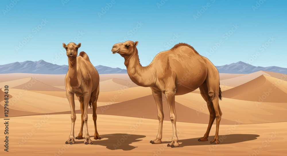 Majestic Camels in the Desert Dunes, Animal Wildlife Concept Majestic Camels in the Desert Dunes, Animal Wildlife Concept