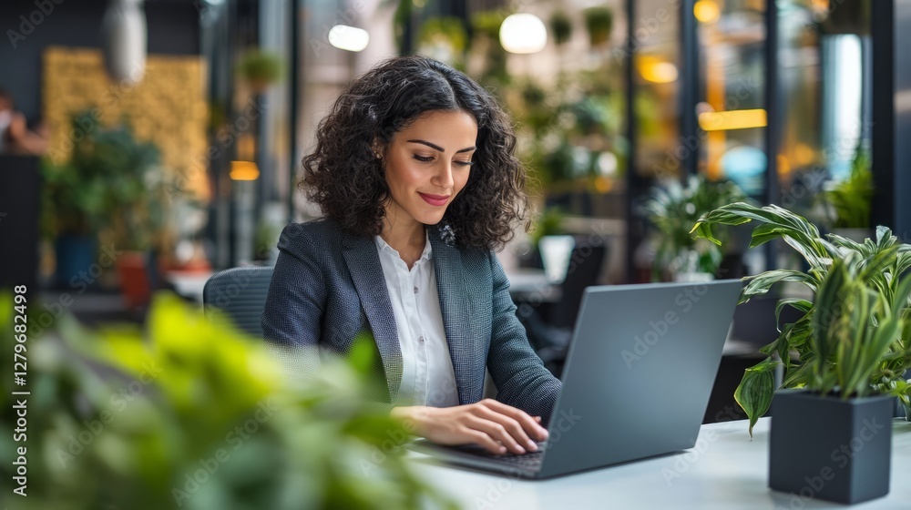 The smiling Hispanic businesswoman sitting at her desk with a confident smile may be handling customer relations, conducting business negotiations, or discussing project progress with her team The smiling Hispanic businesswoman sitting at her desk with a confident smile may be handling customer relations, conducting business negotiations, or discussing project progress with her team