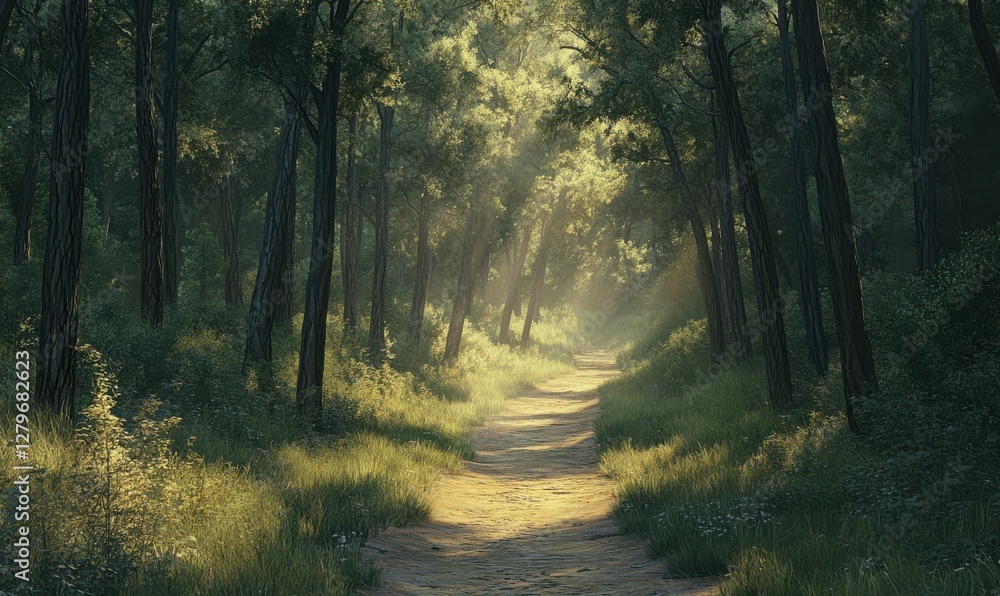 Tranquil forest trail with tall trees casting soft shadows, golden sunlight filtering through the canopy creating a peaceful atmospher Tranquil forest trail with tall trees casting soft shadows, golden sunlight filtering through the canopy creating a peaceful atmospher