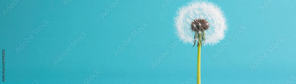 Fototapeta premium Delicate Dandelion Seed Head Against Vibrant Blue Background in Soft Natural Light