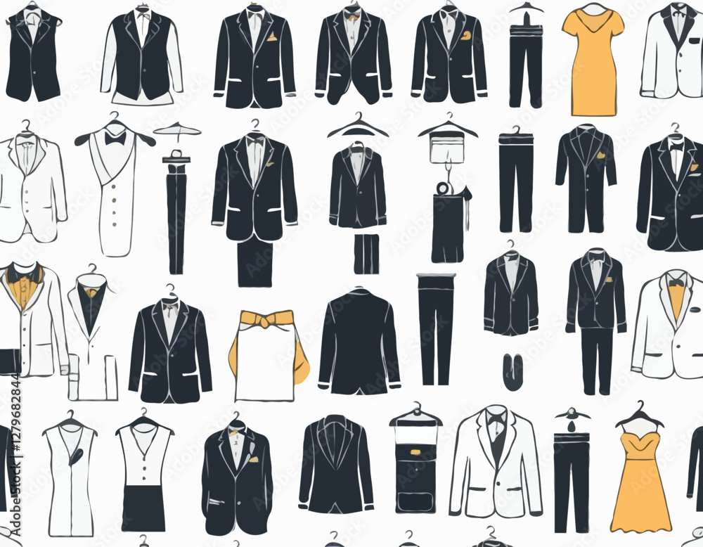 Event dress code thin line icon set. Containing clothes, tuxedo, shirt, suit, tie, shoe, hanger, and bag for fashion, wedding, ceremony, celebration, festival and other. Vector illustration Event dress code thin line icon set. Containing clothes, tuxedo, shirt, suit, tie, shoe, hanger, and bag for fashion, wedding, ceremony, celebration, festival and other. Vector illustration