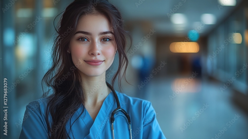 As she prepares for her residency, a self-assured medical student in scrubs studies medicine and healthcare in a teaching hospital. As she prepares for her residency, a self-assured medical student in scrubs studies medicine and healthcare in a teaching hospital.