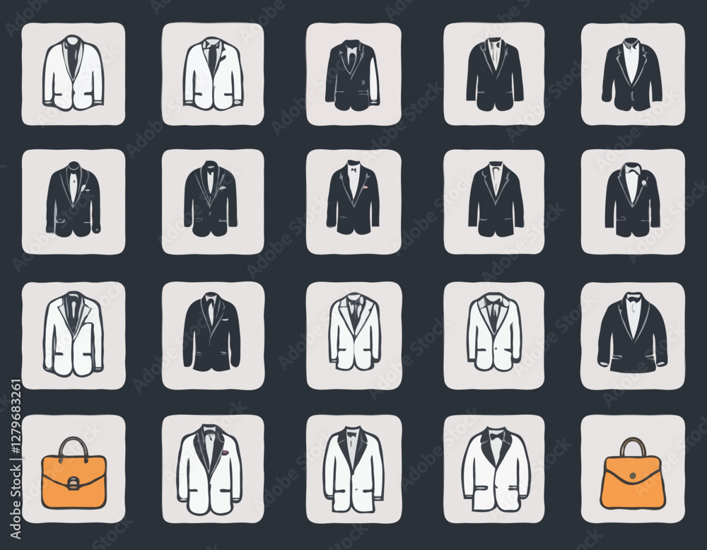 Event dress code thin line icon set. Containing clothes, tuxedo, shirt, suit, tie, shoe, hanger, and bag for fashion, wedding, ceremony, celebration, festival and other. Vector illustration Event dress code thin line icon set. Containing clothes, tuxedo, shirt, suit, tie, shoe, hanger, and bag for fashion, wedding, ceremony, celebration, festival and other. Vector illustration