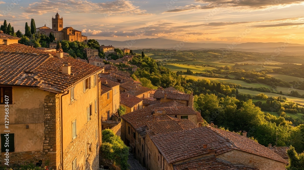 Obraz premium Photo of Tuscany, Italy with the sun setting in an ancient village on top of a hill overlooking rolling hills and distant mountains. The sky is painted in warm hues from the sunset, casting long shado
