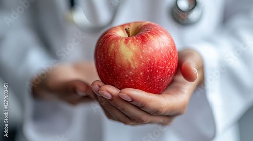 Wallpaper Mural Medical professional wearing professional attire, gripping fresh red apple, symbolizing nutritional health and preventive care approach Torontodigital.ca