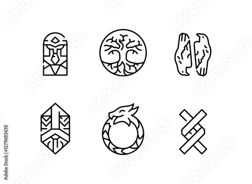 Vikings icons. Set of 6 Vikings trendy minimal icons. Viking helmet, battle axe, Norse shield, longship, viking horn icon. Design signs for web page, mobile app, packaging design. Vector illustration