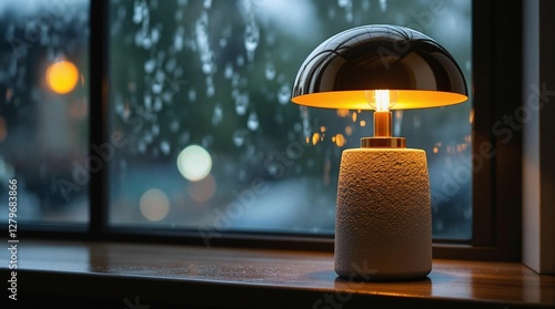 A table lamp with a reflective, dome-shaped shade, placed on a surface beside a window. The background is slightly blurred, suggesting a shallow depth of field, and the colors range from the warm glow