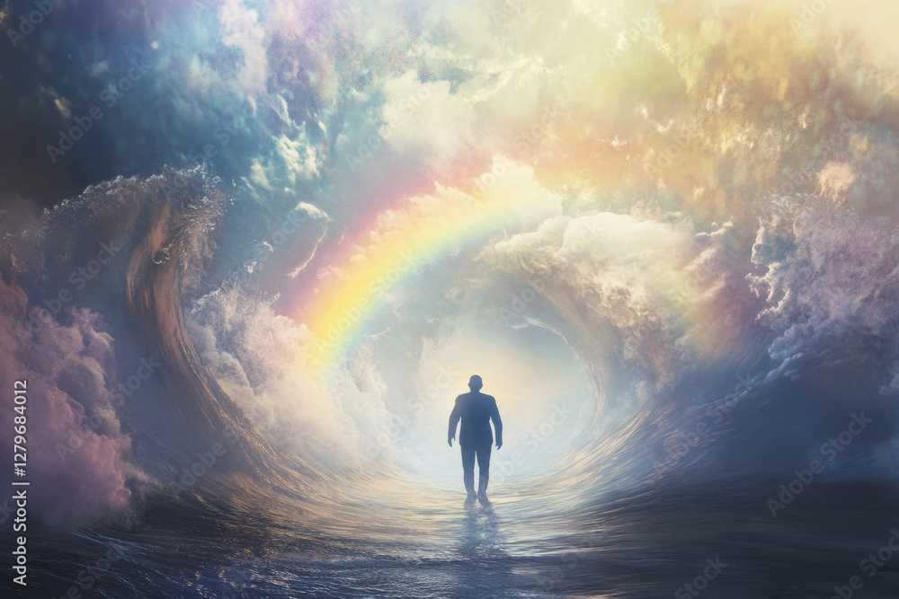 Fototapeta premium A detailed illustration of a person emerging from a storm, with a rainbow and clear skies ahead, signifying the resilience to face and rise above personal challenges.