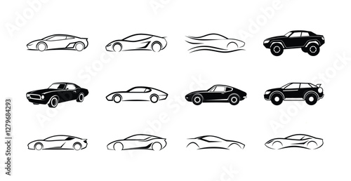 Set of car silhouette icons including sports cars SUVs and classic vehicles in black and white minimalist design