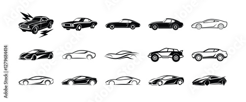 Set of black and white car silhouettes including sports cars, classic cars, and modern vehicles in minimalistic vector style