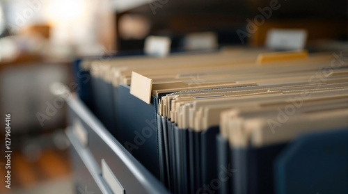 A close-up of a file cabinet filled with numerous file folders, with a blurred background suggesting an office setting. The file cabinets are organized in a neat row, and the focus is on the organized