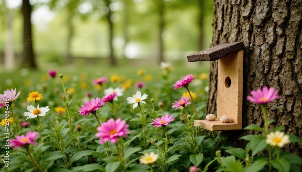 Wooden Birdhouse Surrounded by Colorful Flowers in a Peaceful Natural Setting Wooden Birdhouse Surrounded by Colorful Flowers in a Peaceful Natural Setting