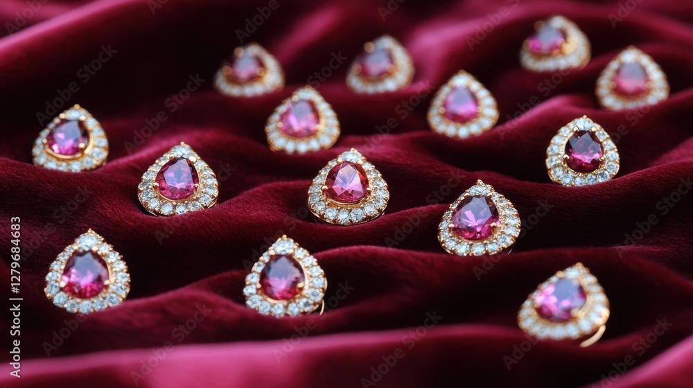 Fototapeta premium Elegant gemstone rings with delicate halo diamond settings scattered on a rich burgundy velvet cloth