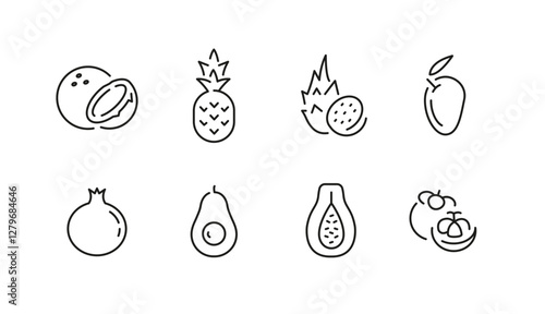 Fruit icons. Set of 8 fruit trendy minimal icons. Mango, Avocado, Peach, Kiwi, Pineapple, Cherry icon. Design signs for web page, mobile app, packaging design. Vector illustration