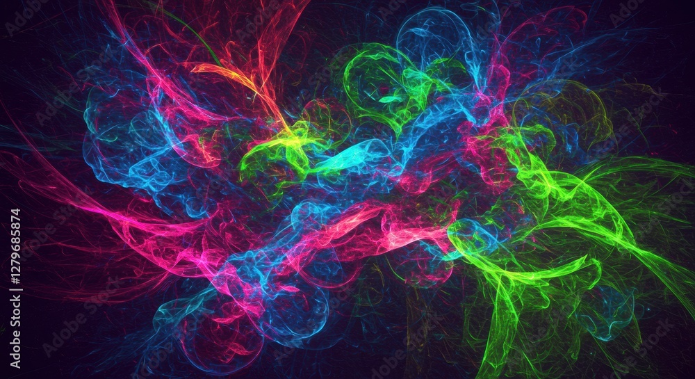 Obraz premium Cosmic Canvas: Abstract swirling lines of vibrant neon hues dance against a dark backdrop, a captivating display of energy and movement reminiscent of nebulae or ethereal forces.