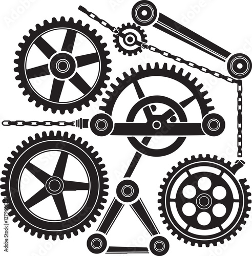 Mechanical Gear System Silhouette Vector. Industrial Engineering, Chain Mechanism, and Cogwheels Illustration for Technical Designs