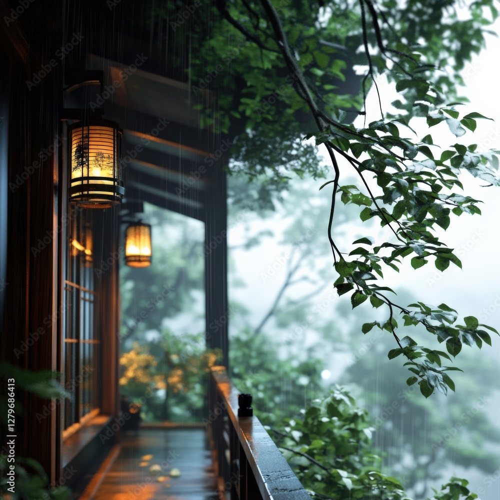 Fototapeta premium Serene rainy landscape tranquil cabin in nature photo lush green environment close-up view relaxation concept for mindfulness