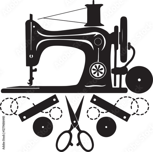 Retro Sewing Machine and Accessories Silhouette Vector. Black Clipart of Sewing Tools, Bobbins, Scissors, and Stitching Equipment