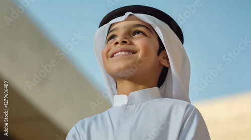 Eyes on the future: A smiling Saudi boy in a white thobe gazing at the sky with inspiration.