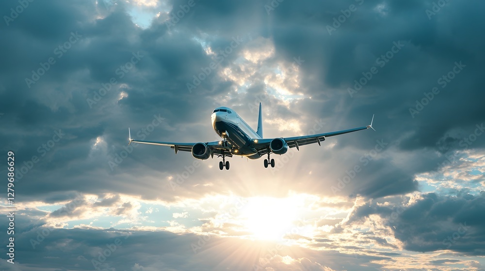 Fototapeta premium Powerful Jetliner Ascending Through Ominous Storm Clouds Sunbeams Bursting Through the Dramatic Atmospheric Contrast to Create a Captivating Aerial Landscape