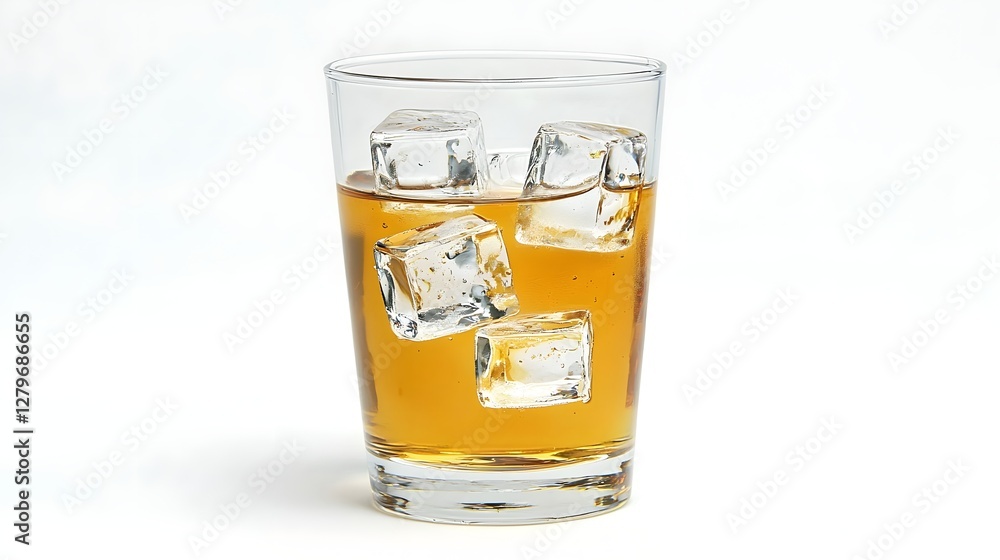 Refreshing glass of honey lemonade drink with ice cubes on a plain white background Summer beverage concept with cool fresh and thirst quenching citrus flavors Refreshing glass of honey lemonade drink with ice cubes on a plain white background Summer beverage concept with cool fresh and thirst quenching citrus flavors