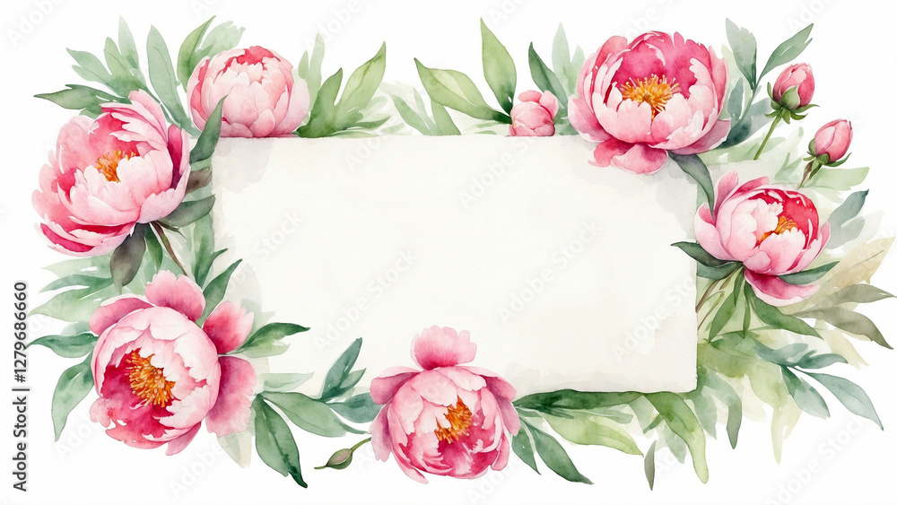 Fototapeta premium Watercolor painting of a handwritten Happy Mother's Day note with peonies, soft, artistic brushstrokes, heartfelt and warm