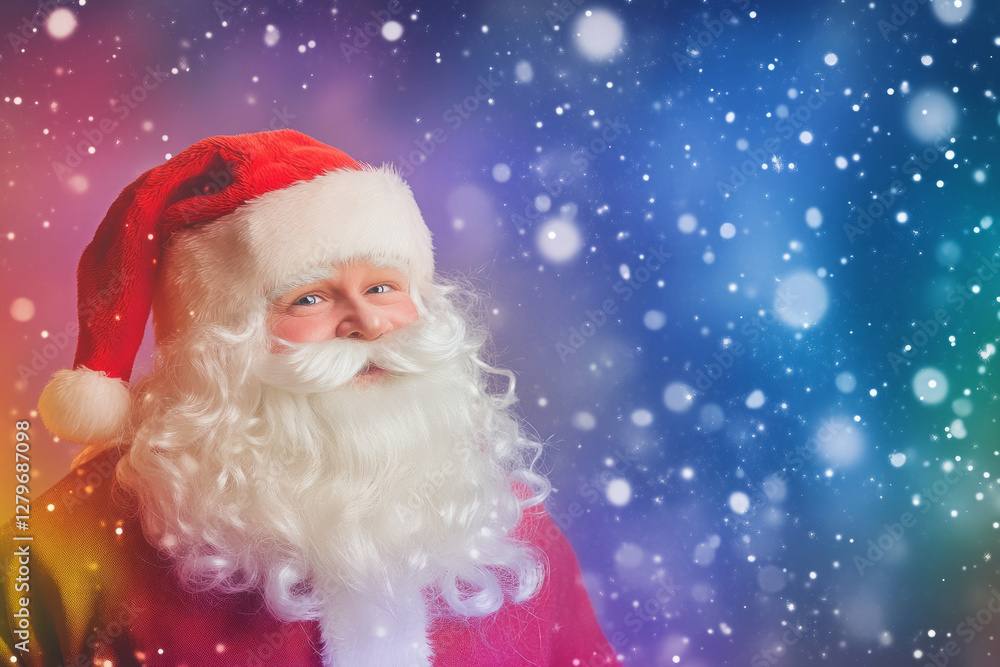 A whimsical Santa Claus outfit designed with vibrant rainbow colors, set against a starry night sky with twinkling snowflakes. A whimsical Santa Claus outfit designed with vibrant rainbow colors, set against a starry night sky with twinkling snowflakes.
