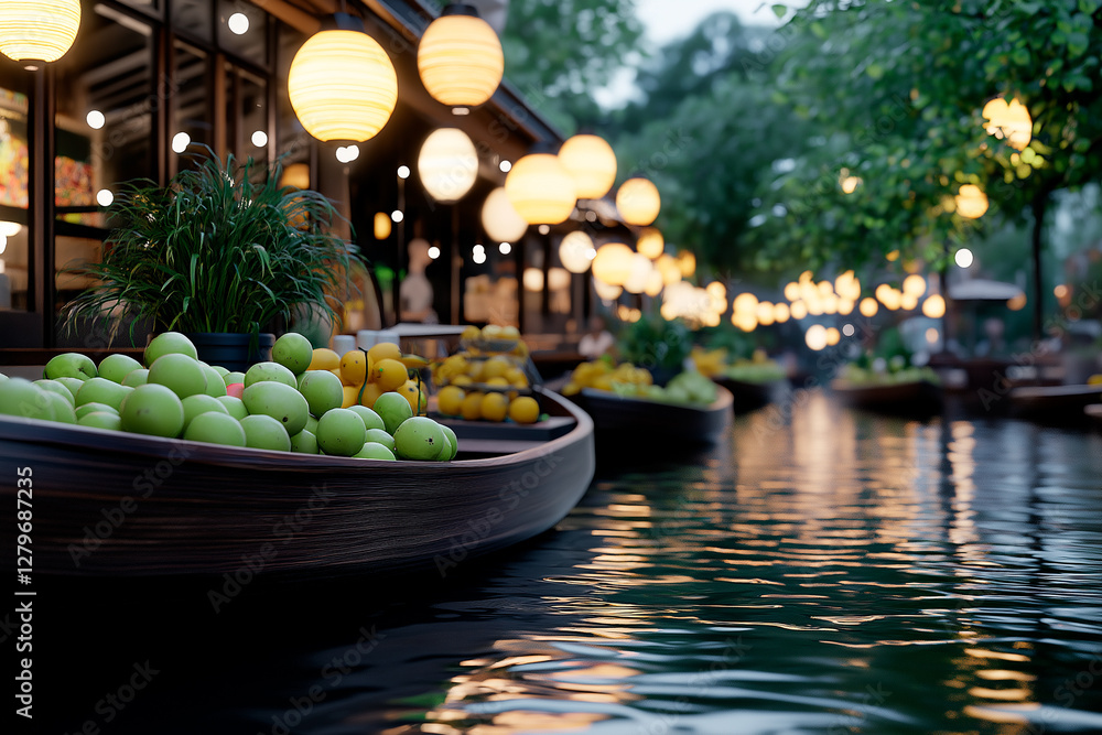 Golden-hued lanterns flicker on the water as wooden boats drift by, brimming with fresh produce. A mesmerizing combination of cultural heritage and contemporary elegance shapes this lively market. Golden-hued lanterns flicker on the water as wooden boats drift by, brimming with fresh produce. A mesmerizing combination of cultural heritage and contemporary elegance shapes this lively market.