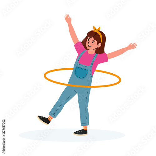 Girl happily hula hooping in casual outfit while enjoying fun activity at home