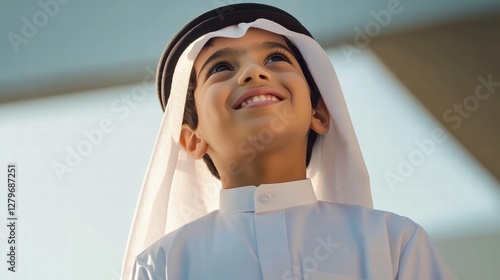 Dreaming big: Young Saudi boy in traditional attire looking up with hope and wonder