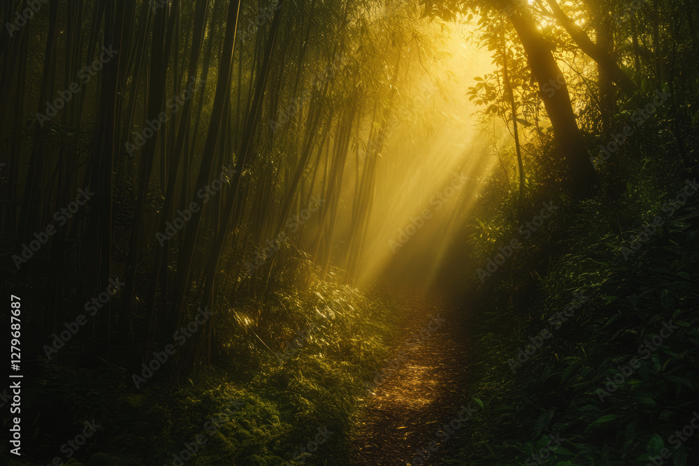 Naklejka premium A mystical bamboo forest, where golden sunlight filters through dense green stalks, and the ground is covered in soft, mossy pathways.