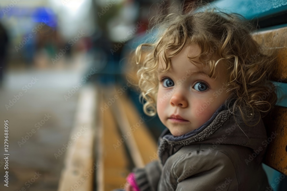 Portrait of a cute little girl sitting on a bench in the street Portrait of a cute little girl sitting on a bench in the street