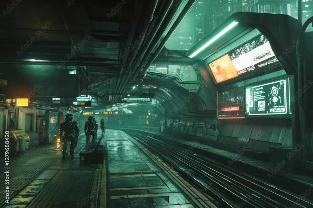Fototapeta premium A dystopian cyberpunk subway station, with flickering holographic advertisements and robotic guards patrolling the platforms.