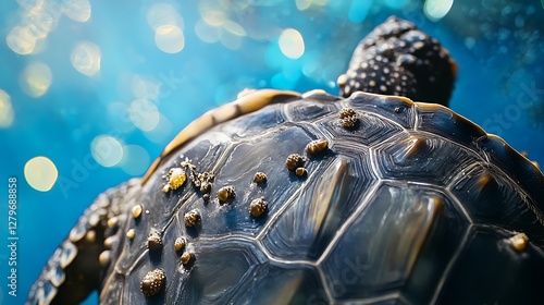 Close-up of a sea turtle swimming gracefully underwater with shimmering blue background and light reflections highlighting its textured shell
