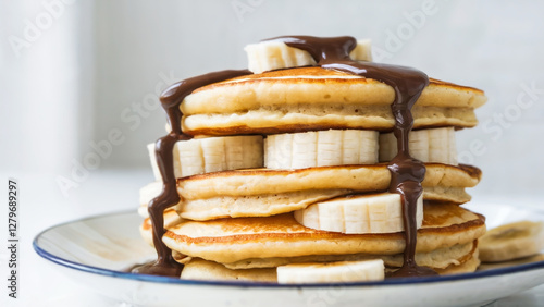 Wallpaper Mural Stack of pancakes filled with banana slices and chocolate sauce, placed on a white plate, bright white background, clean and simple composition. Torontodigital.ca