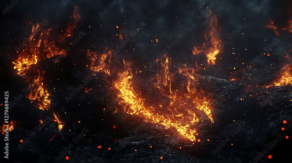 Abstract Fire Flames Burning on Black Surface with Glowing Particles Abstract Fire Flames Burning on Black Surface with Glowing Particles