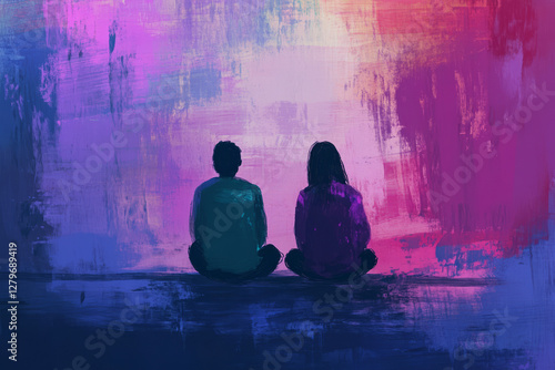 A serene and peaceful digital painting of two people sitting together, sharing silence but deeply connected, symbolizing the empathy in being present for others.
