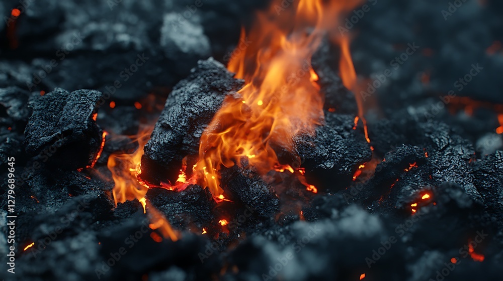 Burning coal with vibrant flames and intense heat under dark conditions Burning coal with vibrant flames and intense heat under dark conditions