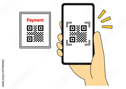 スマートフォンとカードでQRコード決済をするイメージイラスト_手あり_主線
