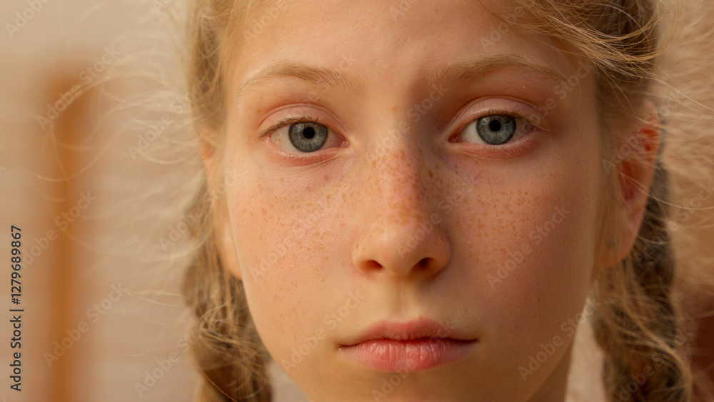Sad upset kid face close up Caucasian girl teen child schoolgirl daughter teenager worried alone frustrated pupil school student schoolchild bad learn study college indoors childhood sport gymnastics Sad upset kid face close up Caucasian girl teen child schoolgirl daughter teenager worried alone frustrated pupil school student schoolchild bad learn study college indoors childhood sport gymnastics
